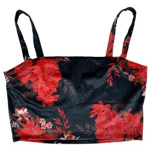 Current Mood Black and Red Floral Velvet Crop Tank Top